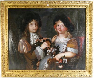 tableau représentant deux jeunes filles tenant des fleurs, dans un cadre doré