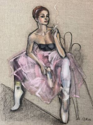 tableau représentant une femme en robe rose en train de fumer une cigarette