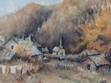 a painting of a village in the mountains with clothes hanging out to dry