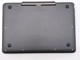 the back of a laptop with a metal handle on a white surface