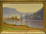 an image of a painting of a river with hills in the background
