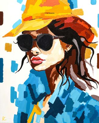 tableau représentant une femme portant un chapeau et des lunettes de soleil devant un fond bleu et jaune