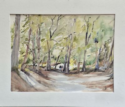 a watercolor painting of a dirt road in the woods