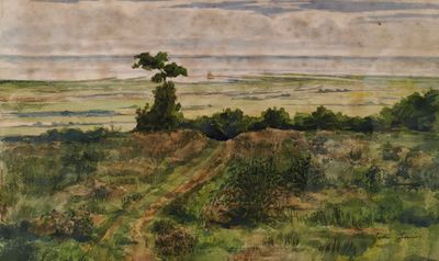 peinture représentant un paysage avec un chemin de terre et un arbre solitaire au premier plan
