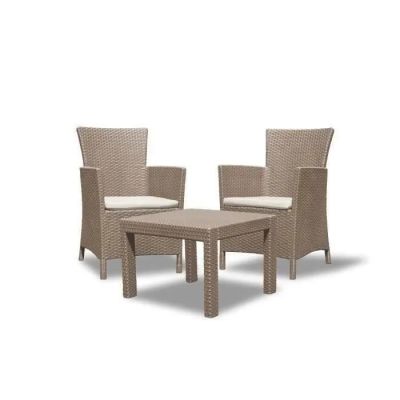 L'ensemble de mobilier de jardin est en osier et se compose de deux chaises et d'une table basse.