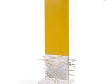 yellow and clear acrylic display stand with metal rods