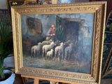 a picture of a painting of a man tending to a flock of sheep