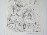 a drawing of a garden with potted plants on a window sill