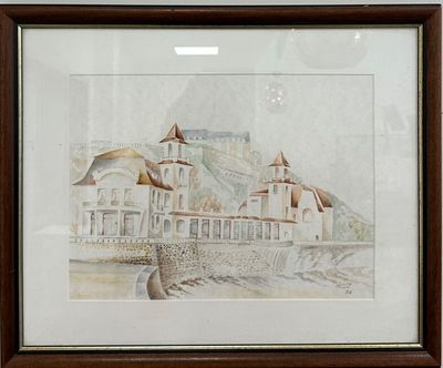 aquarelle encadrée représentant un château situé sur une colline surplombant une rivière