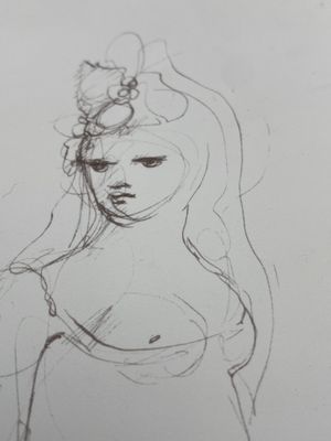 dessin représentant une femme en robe, avec une fleur dans les cheveux