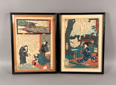 deux estampes japonaises encadrées représentant une femme et un enfant