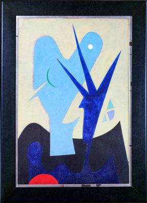 peinture abstraite représentant une femme avec un oiseau sur la tête