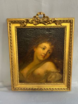 an old painting of a woman in a gold frame on a white background