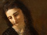 a painting of a woman in a black dress with her eyes closed