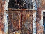 an oil painting of a doorway in a brick building with a boat in the water
