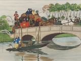 un tableau représentant une calèche traversant un pont