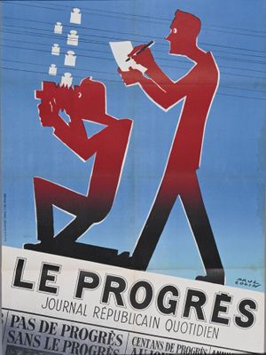 affiche représentant un homme en train d'écrire une lettre à un autre homme au coin d'une rue