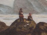 a painting of two men fishing on a rocky shore