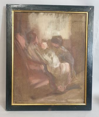 une peinture à l'huile représentant une femme assise sur un canapé à côté d'un chat