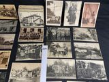 several old black and white photographs of men and women in front of a house