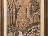 painting of a church in a snowy landscape with trees in the foreground