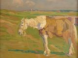 tableau représentant un cheval debout dans un champ, avec le ciel en arrière-plan
