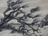 a black and white painting of a tree on the beach
