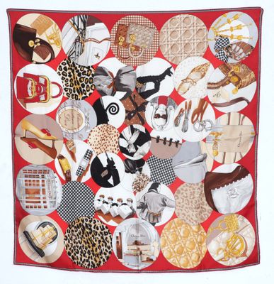 an image of a red and white scarf with many different items