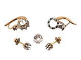 three pairs of gold and diamond earrings on a white background