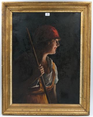 tableau représentant une femme coiffée d'un chapeau rouge et tenant un bâton