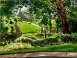 une aquarelle représentant un parc avec des arbres et des fleurs