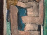 painting of a man and a woman hugging in a window