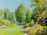 une image représentant un tableau d'un jardin avec des fleurs et des arbres