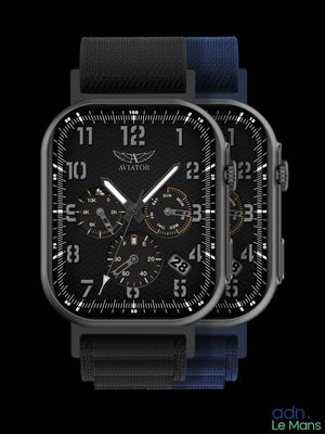 une montre noire avec un bracelet bleu et un cadran noir