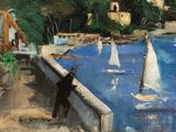 a painting of a man standing on a ledge looking at sailboats in the water