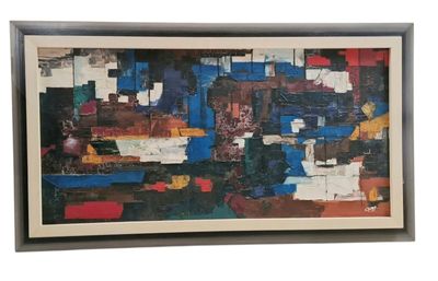 abstract painting of blue, red, yellow, and brown colors
