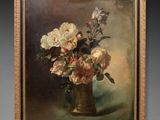 painting of a vase of flowers on a table with a black background