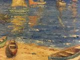 painting of boats on a beach with a blue sky in the background