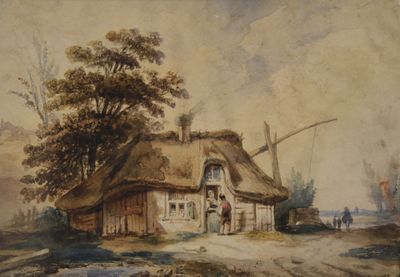 une image représentant une peinture d'une maison au toit de chaume, avec un cheval devant