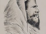 an ink drawing of a man with a beard and a hood