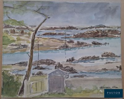 une aquarelle représentant une scène de plage avec un bateau dans l'eau