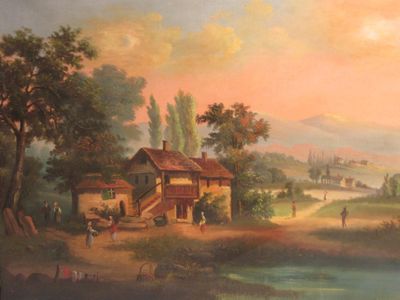 a painting of a country scene with a house and a river