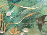 a picture of a painting of a bird and fish