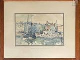 an image of a painting of a harbor scene with boats in the water