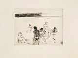 an image of a black and white drawing of people on a beach