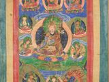 une peinture représentant un Bouddha entouré d'autres divinités