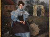 painting of a woman in a blue dress sitting on a bench with an umbrella