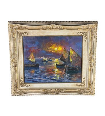 an oil painting of sailboats in the ocean at sunset