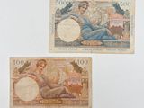 deux billets de banque différents représentant une femme, sur un fond blanc