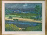 une peinture à l'huile représentant un paysage avec une rivière au premier plan